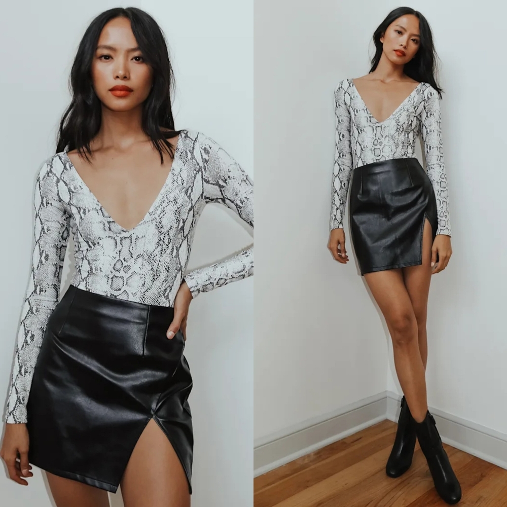 Lulu's Black Faux Leather Mini Skirt with Side Slit